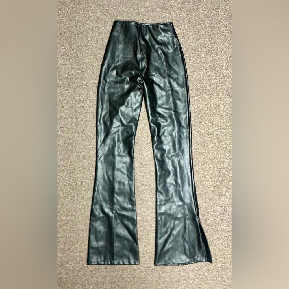 NWT Abercrombie & Fitch Black Vegan Leather Flare Pants - Picture 2 of 4